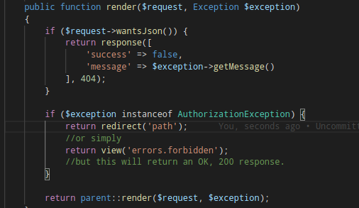 Laravel 6 policies how to redirect unauthorized